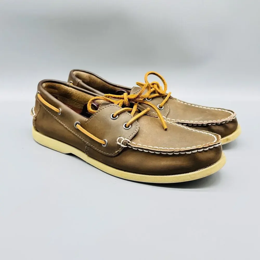 J Crew Shoes Mens 10 Brown Leather Boat Deck Casual Moc Toe Lace Up Comfort
